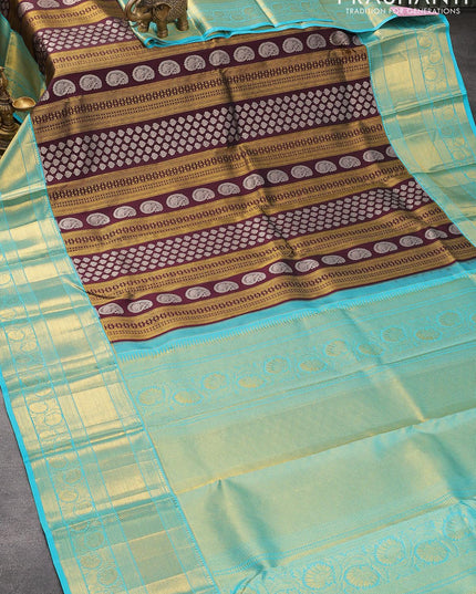 Pure kanjivaram silk saree deep wine shade and light blue with allover zari woven brocade weaves and long zari woven border - {{ collection.title }} by Prashanti Sarees