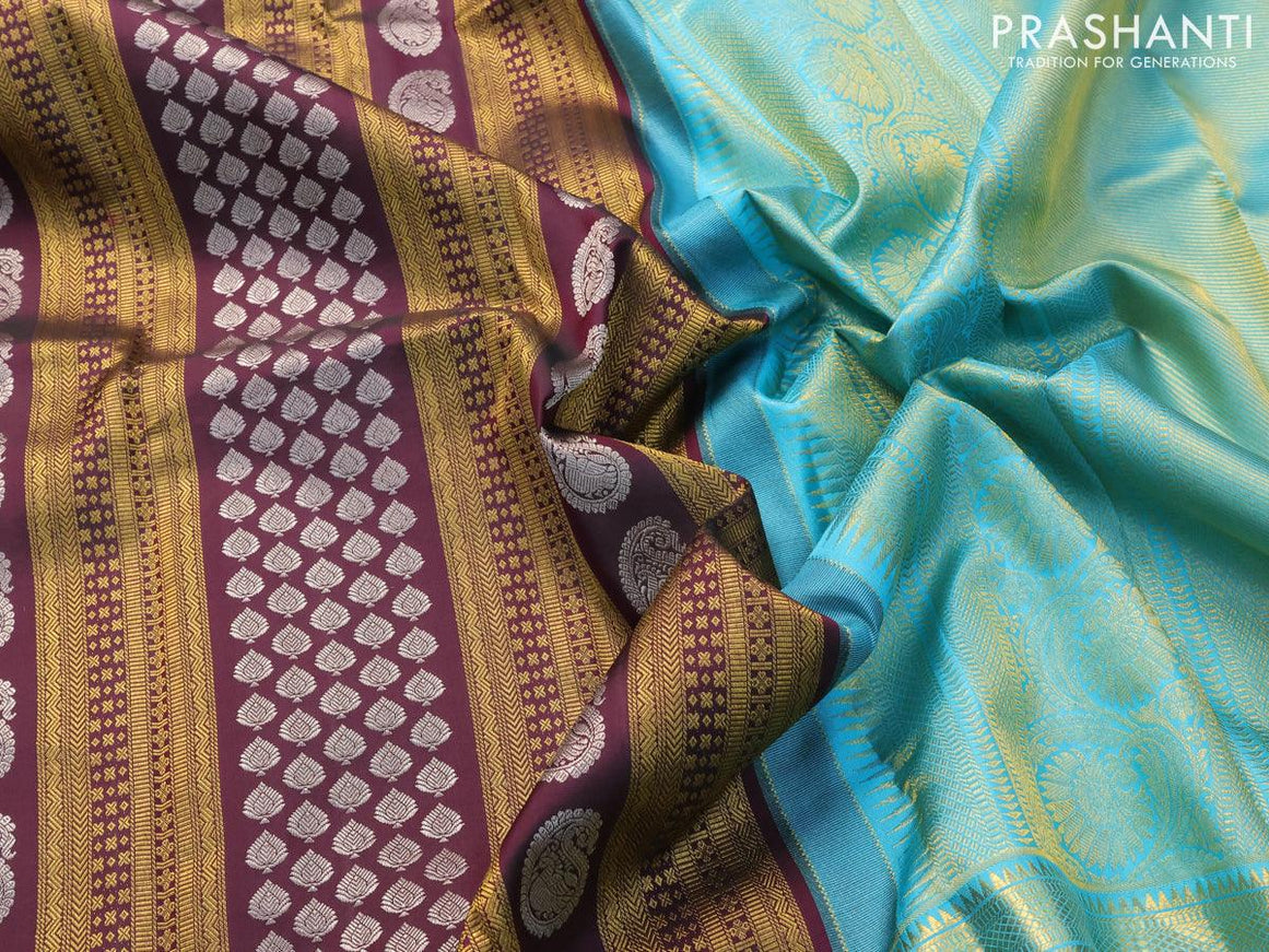 Pure kanjivaram silk saree deep wine shade and light blue with allover zari woven brocade weaves and long zari woven border - {{ collection.title }} by Prashanti Sarees