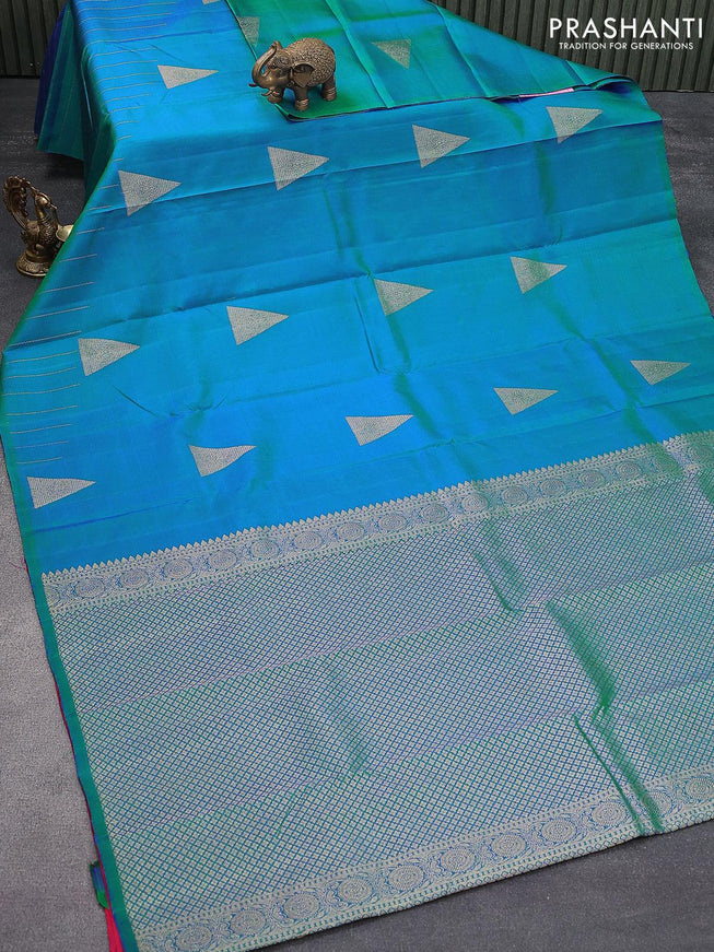 Pure kanjivaram silk saree dual shade of bluish green and pink with zari woven geometric buttas and long stripe zari woven border - {{ collection.title }} by Prashanti Sarees
