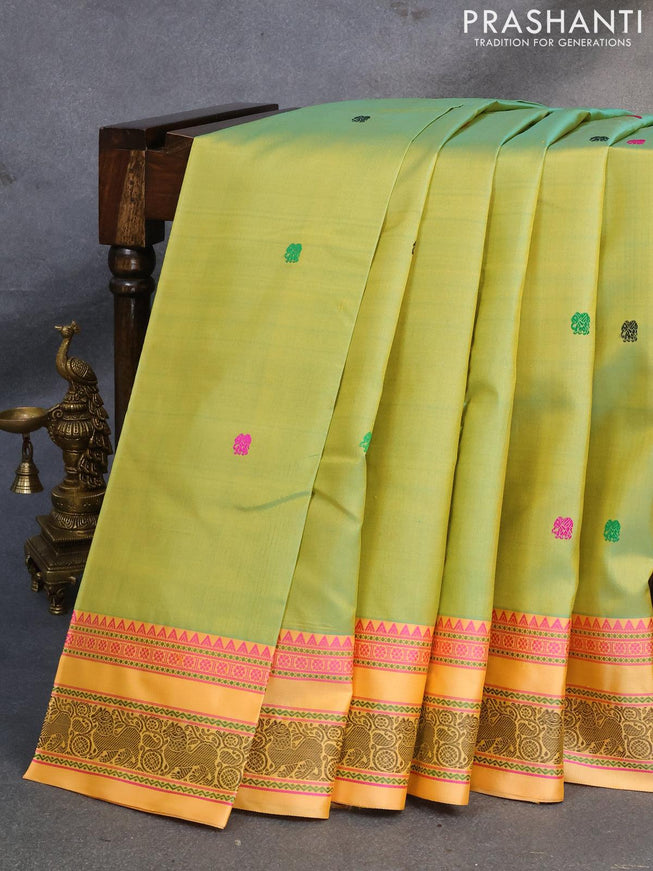 Pure kanjivaram silk saree dual shade of light green and pale yellow with thread woven buttas and thread woven border zero zari - {{ collection.title }} by Prashanti Sarees