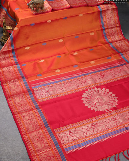 Pure kanjivaram silk saree dual shade of mustard and red with thread woven buttas and thread woven border - {{ collection.title }} by Prashanti Sarees