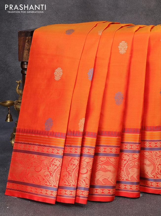 Pure kanjivaram silk saree dual shade of mustard yellow and red with thread woven buttas and thread woven border zero zari - {{ collection.title }} by Prashanti Sarees