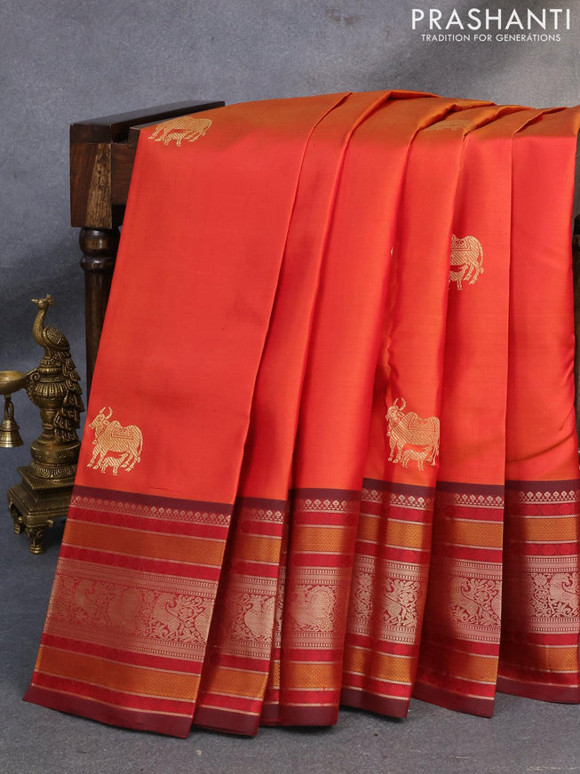 Pure kanjivaram silk saree dual shade of orange and deep maroon with thread woven buttas and long thread woven border zero zari - {{ collection.title }} by Prashanti Sarees