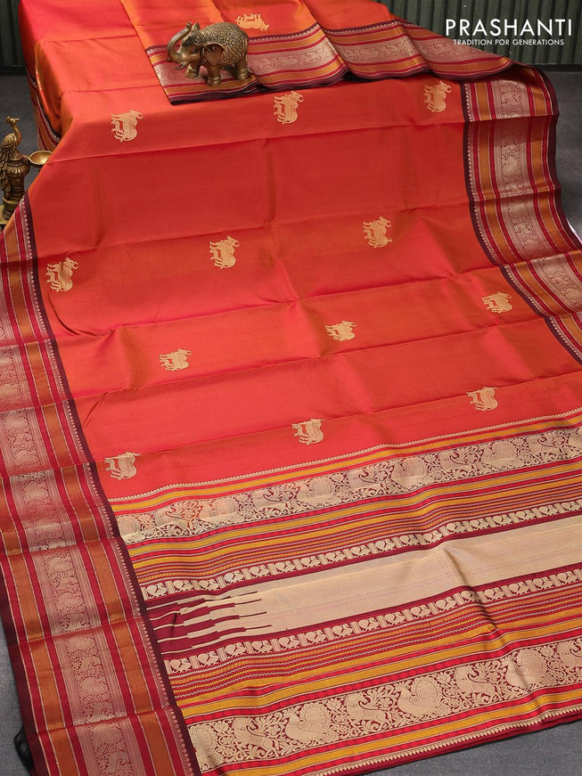 Pure kanjivaram silk saree dual shade of orange and deep maroon with thread woven buttas and long thread woven border zero zari - {{ collection.title }} by Prashanti Sarees