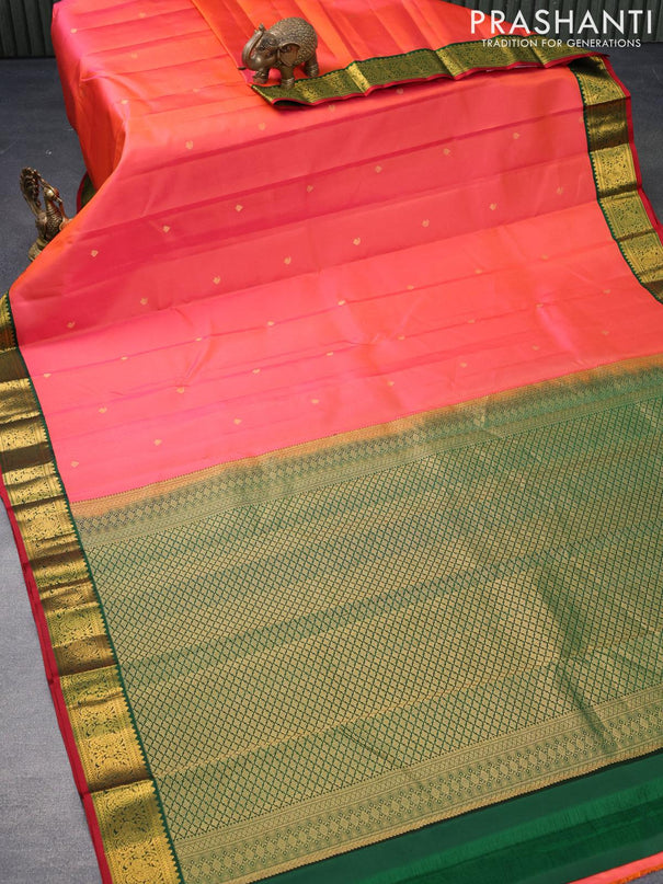 Pure kanjivaram silk saree dual shade of orange and green with zari woven buttas and zari woven korvai border - {{ collection.title }} by Prashanti Sarees