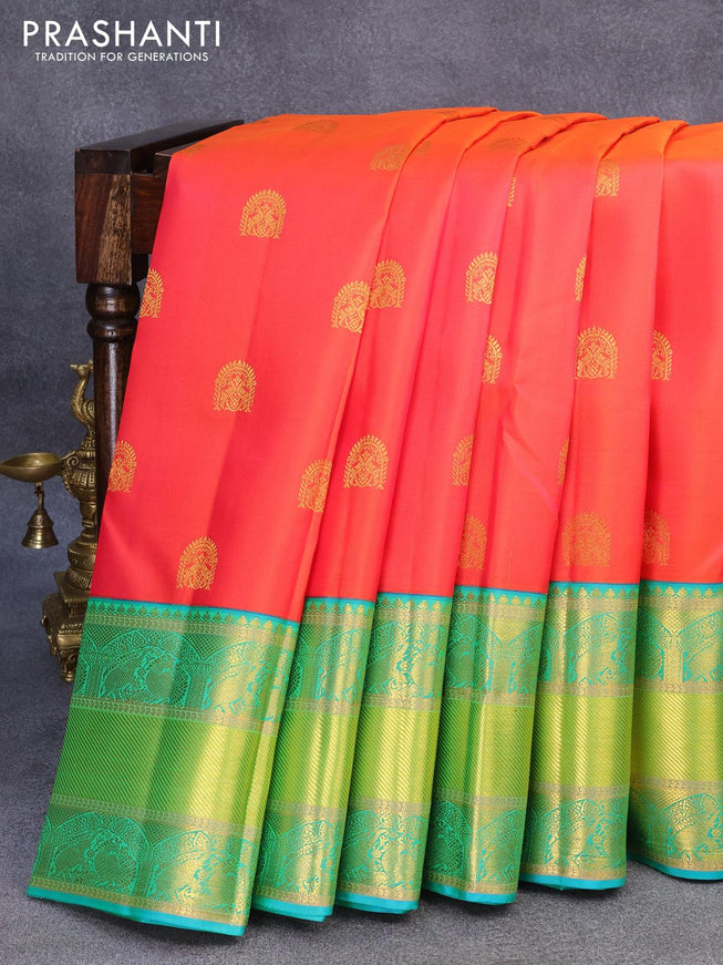 Pure kanjivaram silk saree dual shade of pink and dual shade of teal green with zari woven buttas and zari woven border - {{ collection.title }} by Prashanti Sarees