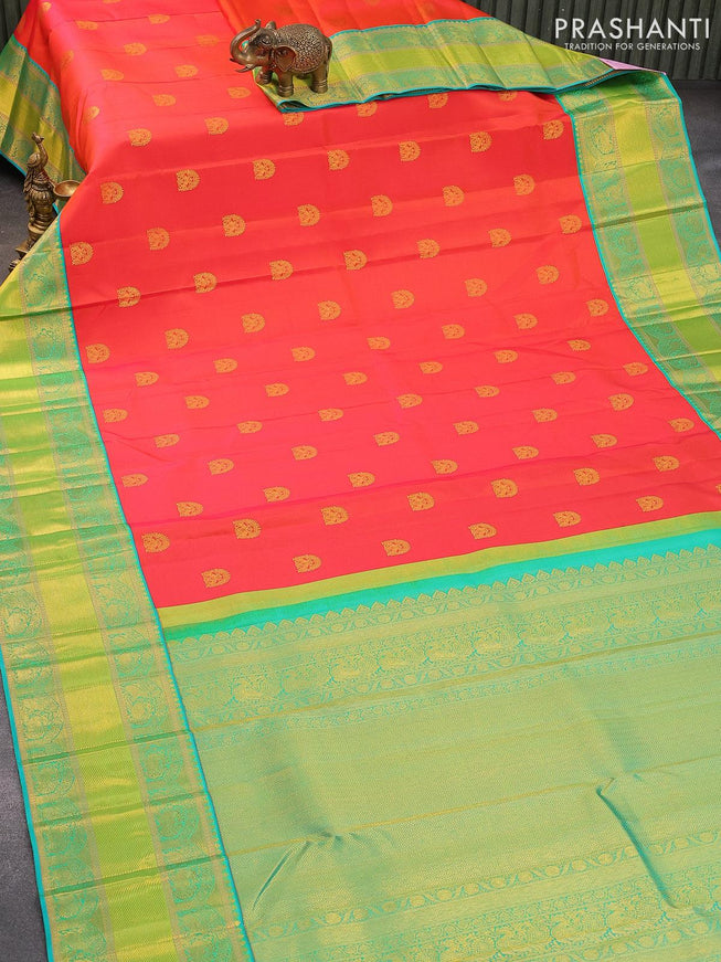 Pure kanjivaram silk saree dual shade of pink and dual shade of teal green with zari woven buttas and zari woven border - {{ collection.title }} by Prashanti Sarees