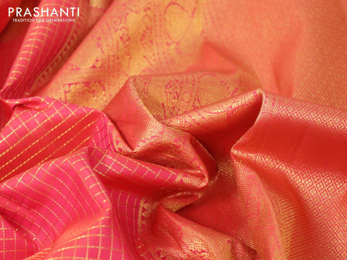 Pure kanjivaram silk saree dual shade of pink with allover zari checked pattern and rettapet zari woven border - {{ collection.title }} by Prashanti Sarees