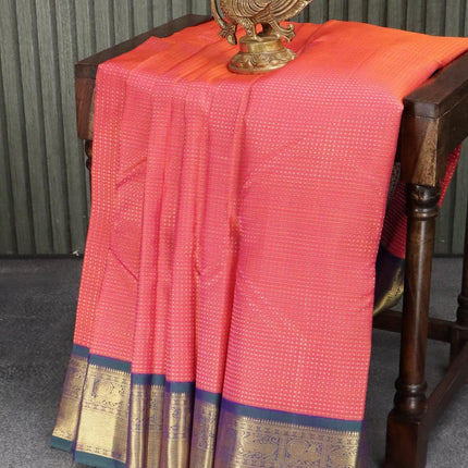 Pure kanjivaram silk saree dual shade of pinkish orange and dual shade of bluish green with allover zari weaves and zari woven border - {{ collection.title }} by Prashanti Sarees