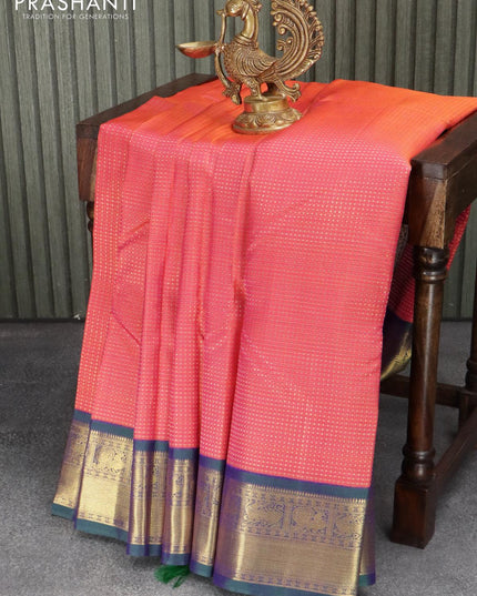 Pure kanjivaram silk saree dual shade of pinkish orange and dual shade of bluish green with allover zari weaves and zari woven border - {{ collection.title }} by Prashanti Sarees