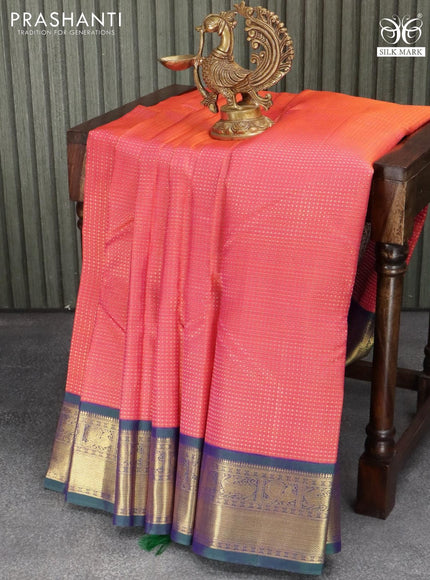 Pure kanjivaram silk saree dual shade of pinkish orange and dual shade of bluish green with allover zari weaves and zari woven border - {{ collection.title }} by Prashanti Sarees