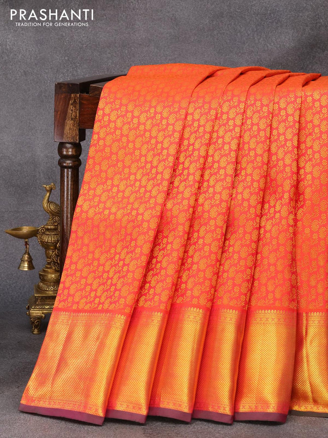 Pure kanjivaram silk saree dual shade of pinkish orange and dual shade of pinkish green with allover zari woven brocade pattern and zari woven border - {{ collection.title }} by Prashanti Sarees