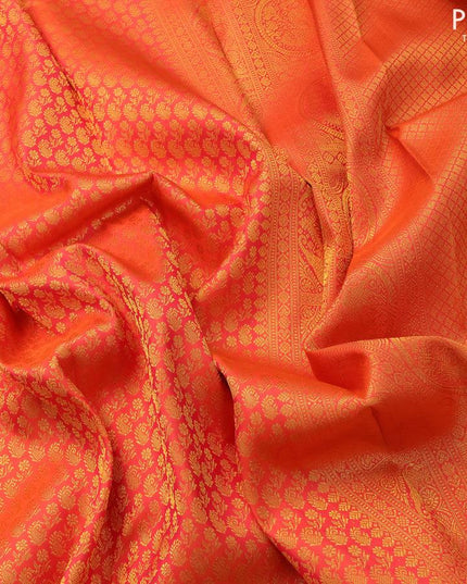 Pure kanjivaram silk saree dual shade of pinkish orange and dual shade of pinkish green with allover zari woven brocade pattern and zari woven border - {{ collection.title }} by Prashanti Sarees