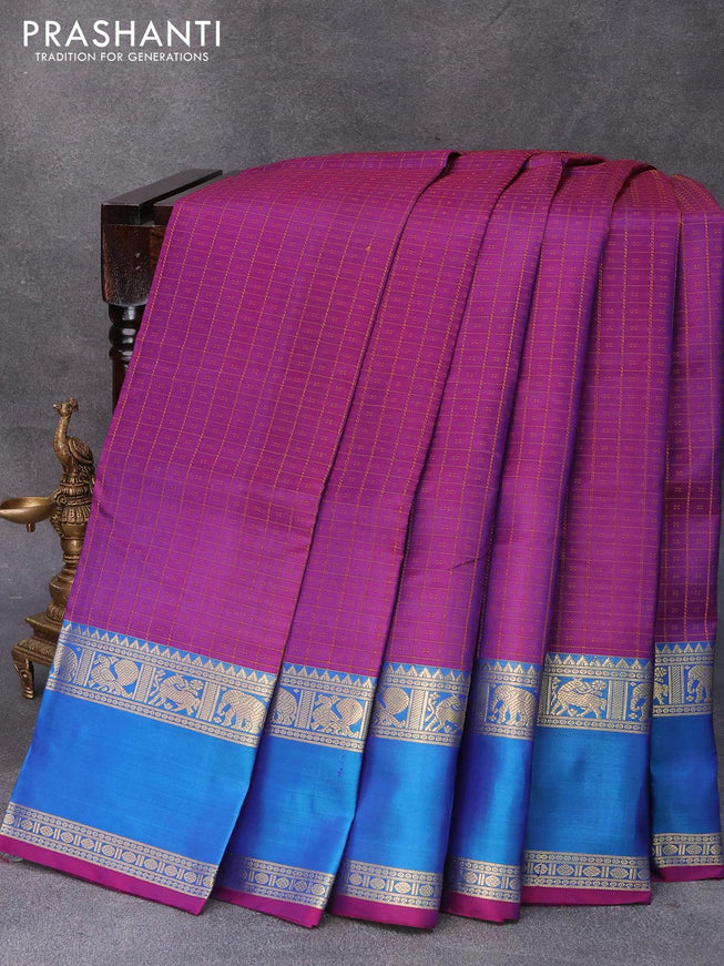 Pure kanjivaram silk saree dual shade of purple and teal blue with allover thread woven checks & 1000 buttas and rettapet zari woven border - {{ collection.title }} by Prashanti Sarees
