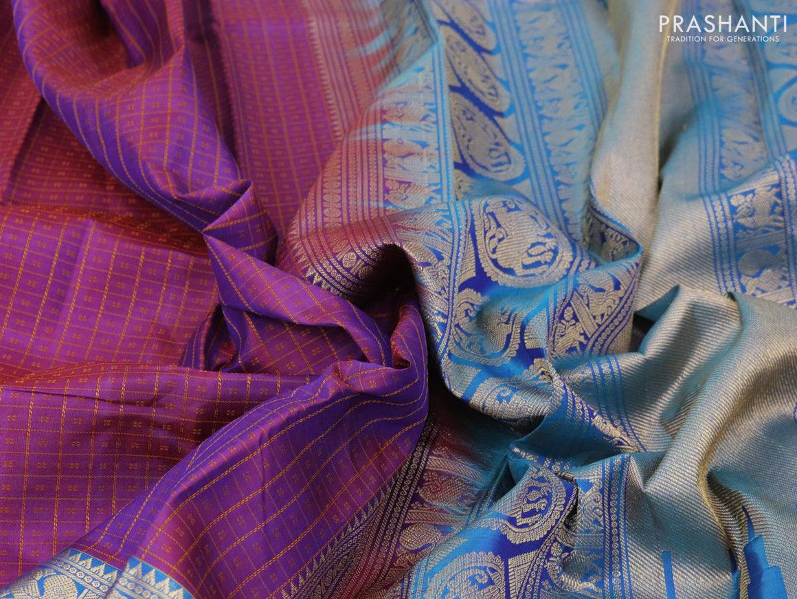 Pure kanjivaram silk saree dual shade of purple and teal blue with allover thread woven checks & 1000 buttas and rettapet zari woven border - {{ collection.title }} by Prashanti Sarees
