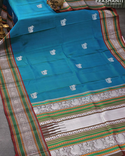 Pure kanjivaram silk saree dual shade of teal blue and dual shade of maroon with thread woven buttas and long thread woven border zero zari - {{ collection.title }} by Prashanti Sarees
