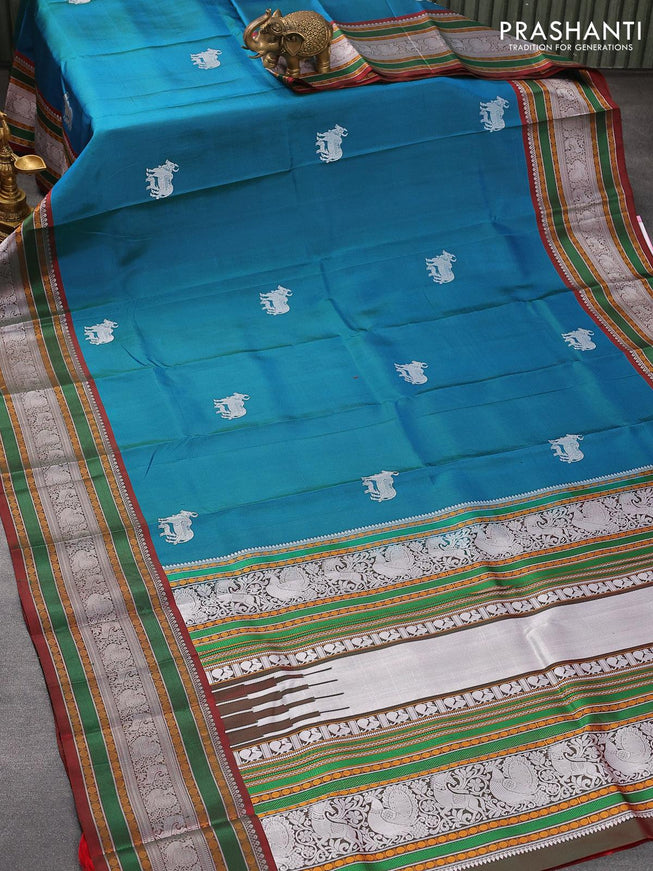 Pure kanjivaram silk saree dual shade of teal blue and dual shade of maroon with thread woven buttas and long thread woven border zero zari - {{ collection.title }} by Prashanti Sarees