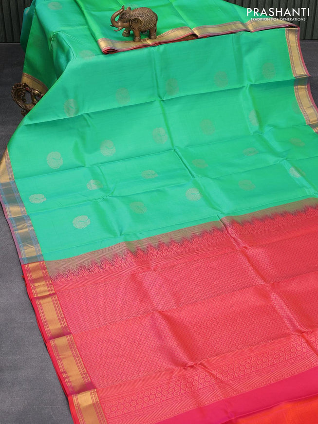 Pure kanjivaram silk saree dual shade of teal bluish green and dual shade of pinkish orange with annam zari woven buttas and zari woven border - {{ collection.title }} by Prashanti Sarees