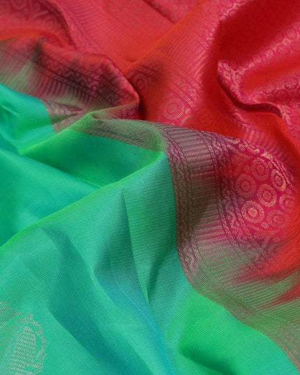 Pure kanjivaram silk saree dual shade of teal bluish green and dual shade of pinkish orange with annam zari woven buttas and zari woven border - {{ collection.title }} by Prashanti Sarees