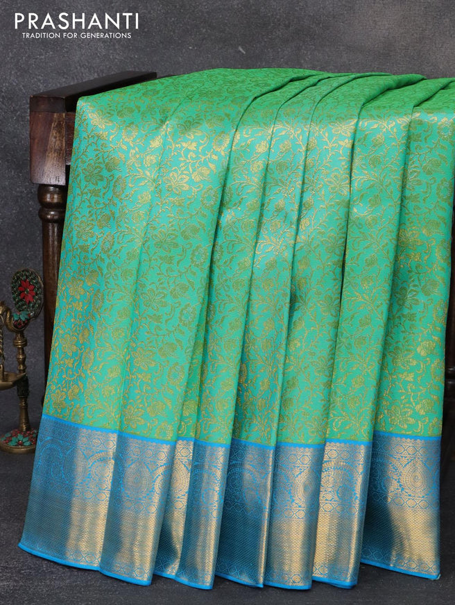 Pure kanjivaram silk saree dual shade of teal green and cs blue with allover zari woven brocade weaves and zari woven border - {{ collection.title }} by Prashanti Sarees