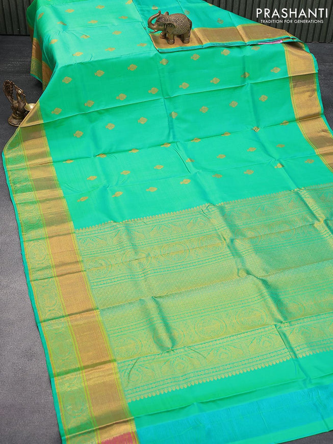 Pure kanjivaram silk saree dual shade of teal green with zari woven buttas and rich zari woven border - {{ collection.title }} by Prashanti Sarees