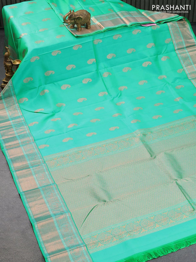 Pure kanjivaram silk saree dual shade of teal green with zari woven paisley buttas and zari woven border - {{ collection.title }} by Prashanti Sarees