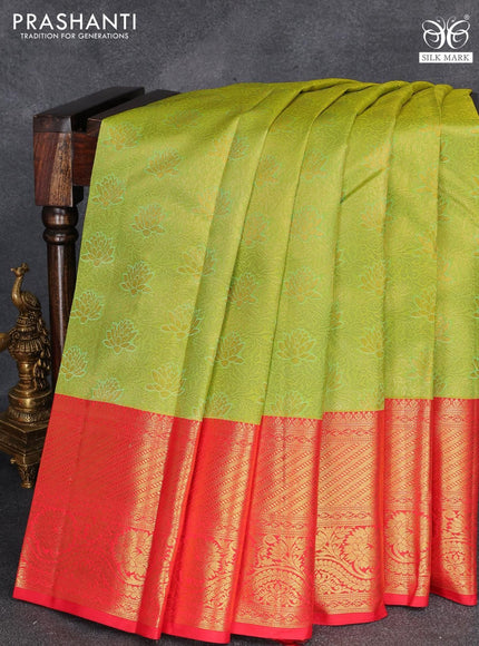 Pure kanjivaram silk saree fluorescent green and red with allover zari woven brocade weaves and zari woven floral border - {{ collection.title }} by Prashanti Sarees