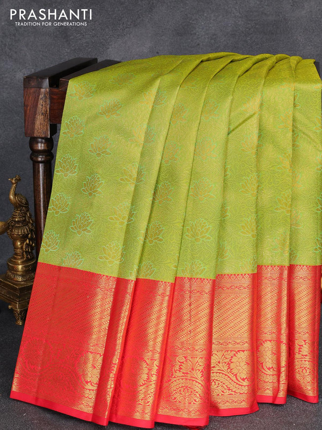 Pure kanjivaram silk saree fluorescent green and red with allover zari woven brocade weaves and zari woven floral border - {{ collection.title }} by Prashanti Sarees