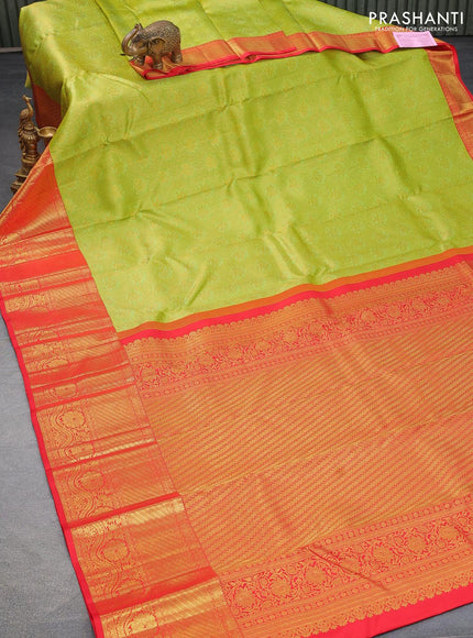 Pure kanjivaram silk saree fluorescent green and red with allover zari woven brocade weaves and zari woven floral border - {{ collection.title }} by Prashanti Sarees