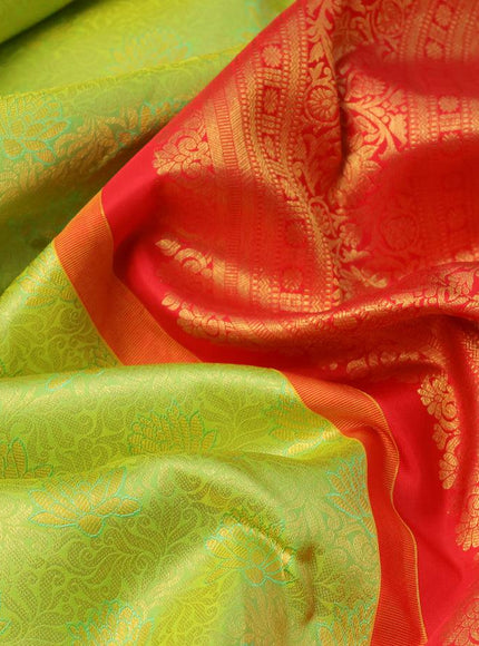 Pure kanjivaram silk saree fluorescent green and red with allover zari woven brocade weaves and zari woven floral border - {{ collection.title }} by Prashanti Sarees
