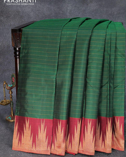 Pure kanjivaram silk saree green and maroon with allover zari woven stripes pattern and temple design zari woven border-PBR3922 - {{ collection.title }} by Prashanti Sarees