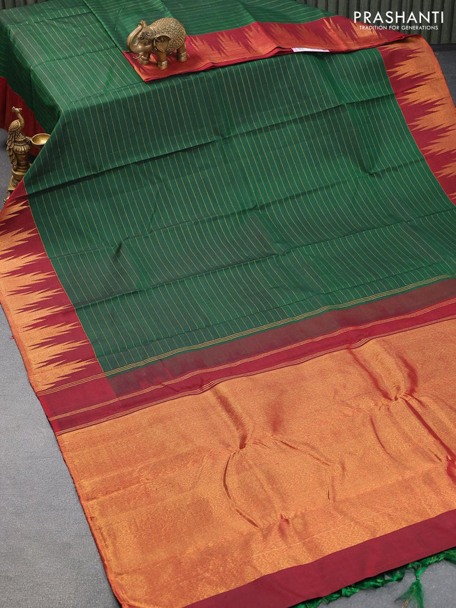 Pure kanjivaram silk saree green and maroon with allover zari woven stripes pattern and temple design zari woven border-PBR3922 - {{ collection.title }} by Prashanti Sarees