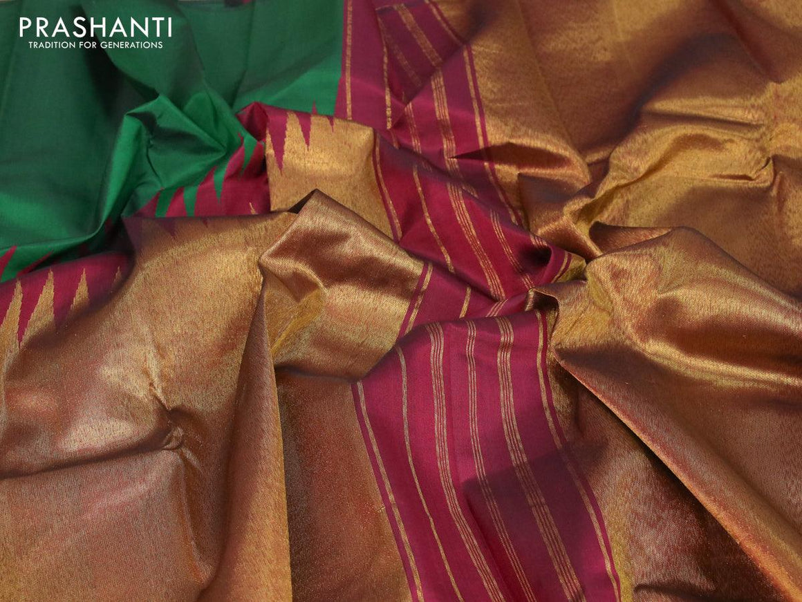 Pure kanjivaram silk saree green and maroon with plain body and temple design zari woven rising border - {{ collection.title }} by Prashanti Sarees