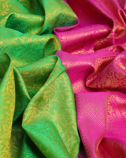Pure kanjivaram silk saree green and pink with allover zari woven brocade weaves and long zari woven border Brocade pattern - {{ collection.title }} by Prashanti Sarees
