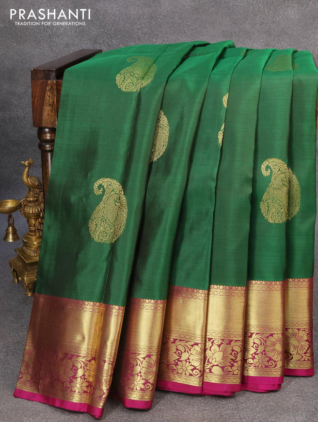 Pure kanjivaram silk saree green and pink with zari woven buttas and rich zari woven floral border - {{ collection.title }} by Prashanti Sarees