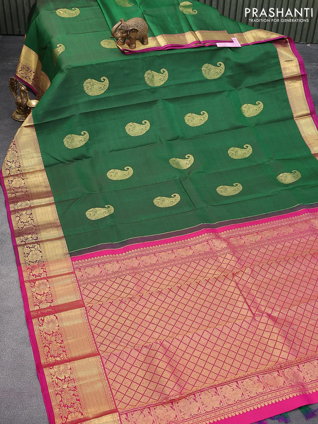 Pure kanjivaram silk saree green and pink with zari woven buttas and rich zari woven floral border - {{ collection.title }} by Prashanti Sarees