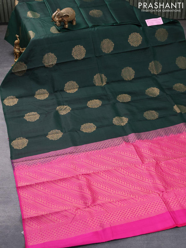Pure kanjivaram silk saree green and pink with zari woven buttas in borderless style - {{ collection.title }} by Prashanti Sarees