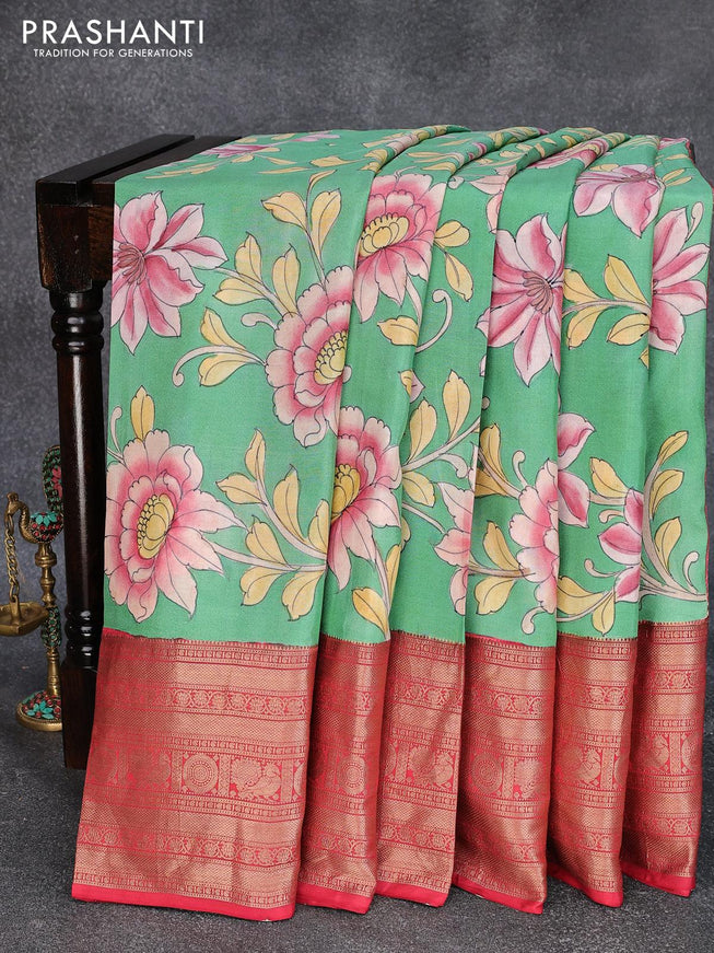 Pure kanjivaram silk saree green and red with allover floral digital prints and zari woven border - {{ collection.title }} by Prashanti Sarees