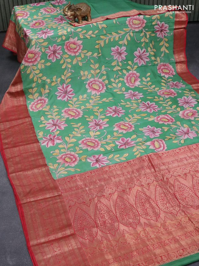 Pure kanjivaram silk saree green and red with allover floral digital prints and zari woven border - {{ collection.title }} by Prashanti Sarees