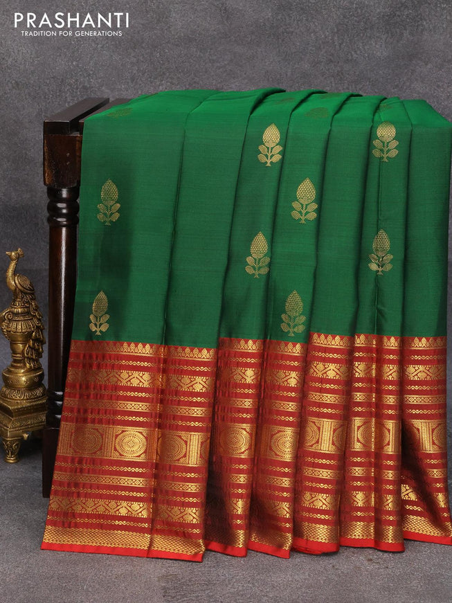 Pure kanjivaram silk saree green and red with zari woven buttas and long zari woven border - {{ collection.title }} by Prashanti Sarees