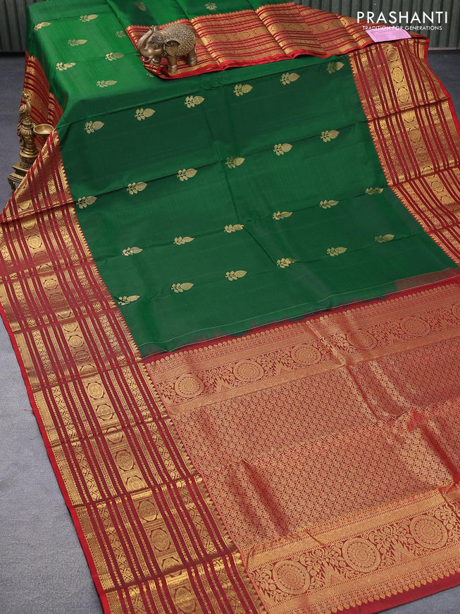 Pure kanjivaram silk saree green and red with zari woven buttas and long zari woven border - {{ collection.title }} by Prashanti Sarees