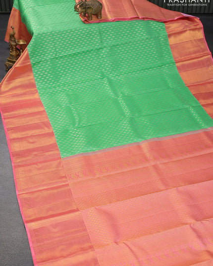 Pure kanjivaram silk saree green shade and light pink with allover silver zari woven butta weaves and long zari woven border - {{ collection.title }} by Prashanti Sarees