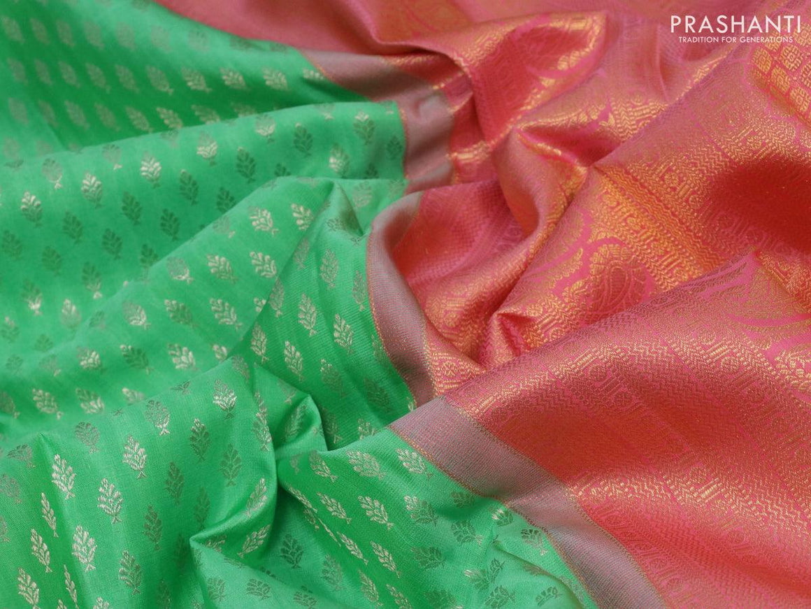 Pure kanjivaram silk saree green shade and light pink with allover silver zari woven butta weaves and long zari woven border - {{ collection.title }} by Prashanti Sarees