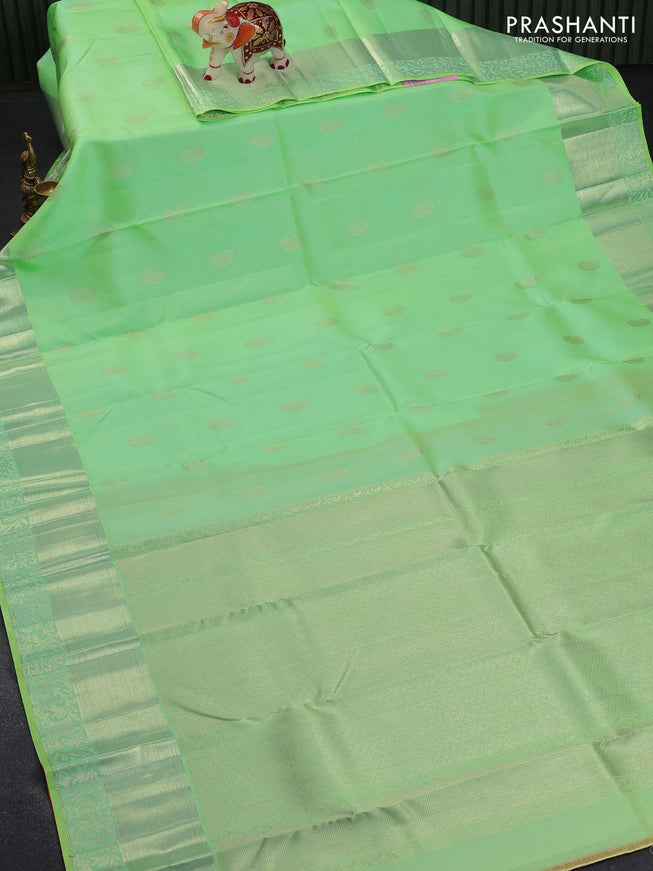 Pure kanjivaram silk saree green shade with silver zari woven paisley buttas and silver zari woven border - {{ collection.title }} by Prashanti Sarees