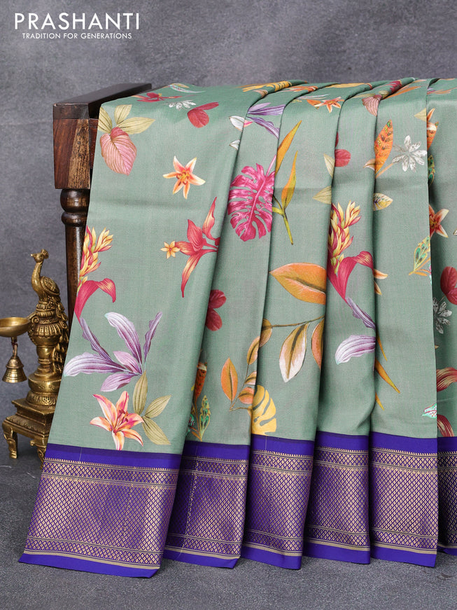 Pure kanjivaram silk saree grey and blue with allover floral digital prints and zari woven border - {{ collection.title }} by Prashanti Sarees