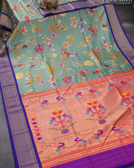 Pure kanjivaram silk saree grey and blue with allover floral digital prints and zari woven border - {{ collection.title }} by Prashanti Sarees