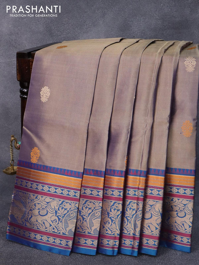 Pure kanjivaram silk saree grey and cs blue with thread woven buttas and thread woven border - {{ collection.title }} by Prashanti Sarees