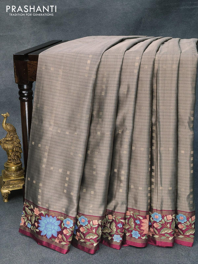 Pure kanjivaram silk saree grey and dark magenta pink with allover zari weaves and floral design embroidery cut work border - {{ collection.title }} by Prashanti Sarees