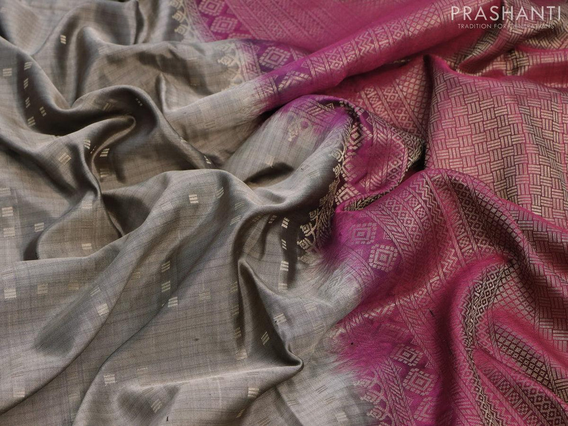 Pure kanjivaram silk saree grey and dark magenta pink with allover zari weaves and floral design embroidery cut work border - {{ collection.title }} by Prashanti Sarees