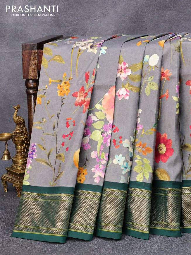 Pure kanjivaram silk saree grey and green with allover floral digital prints and zari woven border - {{ collection.title }} by Prashanti Sarees